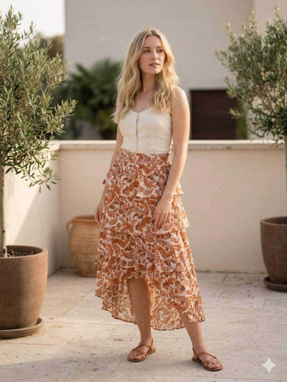 Maje Orange Paisley Tiered Cotton High-Low Midi Skirt Size 34 (US XS) Boho NWOT